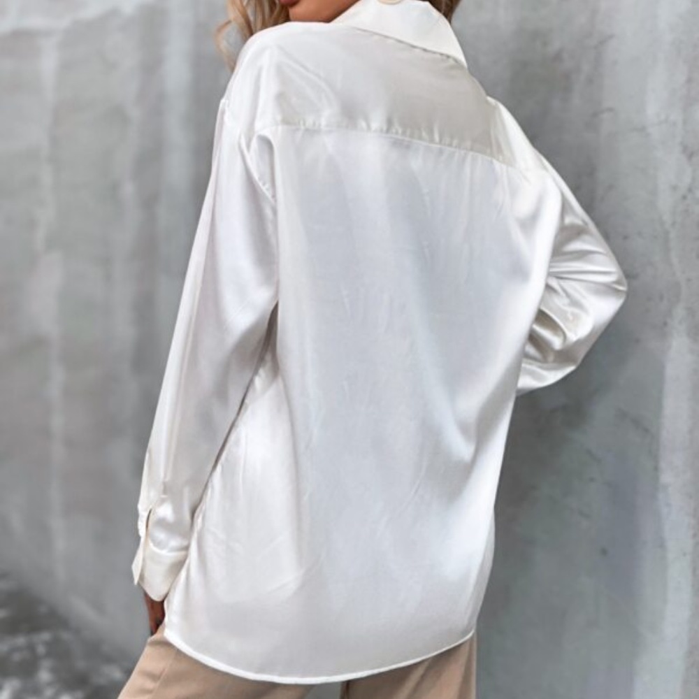 Black Classic button up Satin Boyfriend Work Top Minimalist - Picture 12 of 16